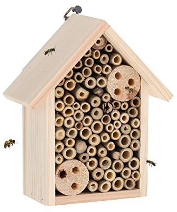 Relaxdays Insektenhotel, Nisthilfe für Bienen & Wespen, HBT 20 x 17 x 8,5 cm, Garten, Balkon, Bienenhotel, Holz, Natur