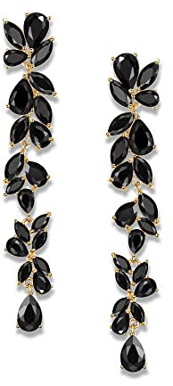 EVER FAITH Pendientes Mujer Circonio Cúbico en Forma de Marquesa Flor de Cristal de Araña Aretes Cuelgan para Novia Boda Negro Tono Dorado