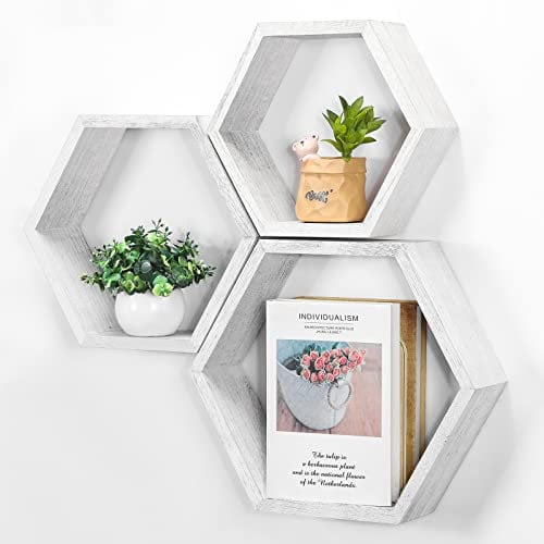 Schwebendes Sechseck Regal 3er-Set Wandhalterungsmontage Wabenregal Bauernhaus Sechseckige Regale Wandlagerregal Holzhänge Regale für Ausstellungswand Dekor Regal für Wohnzimmer Schlafzimmer Küche