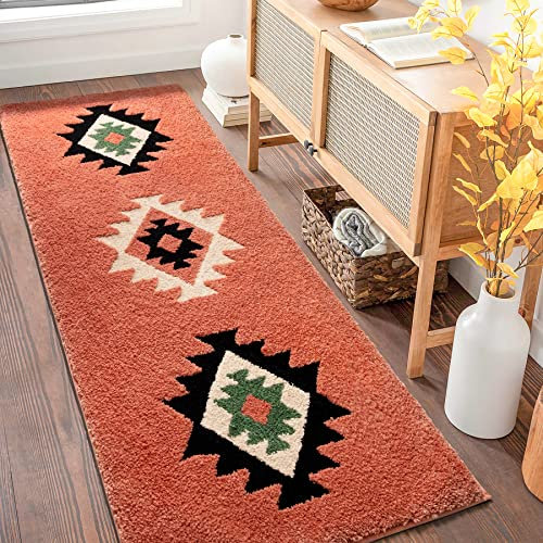 DEXDE Boho Badezimmerteppiche Korallenrot Badematte rutschfest Lang Badezimmerteppich Läufer Luxus Weich Saugfähig Teppich für Badezimmer Dusche Küche Eingang Western Bauernhaus Dekor 20x47