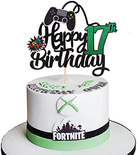 Xsstarmi 1 Pack Happy 17th Birthday Cake Topper Videospiel Cake Pick Gamepad Game On Controller Kuchendekorationen für Cheers to 17 Years Happy 17th Birthday Party Supplies Black