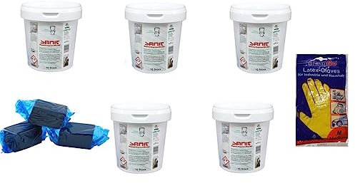 zbs24 Wasserkastenwürfel Sanit Reinigungswürfel für WC-Spülkasten - 5 Dosen a 10 Stück, Würfel je 50g, Bundle mit Latex Handschuhen