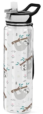 Mnsruu Sloth on Branch Water Bottle 1L with Straw, Leakproof BPA Free Tritan Drink Bottle, Sport Water Bottle for Men Women Kids