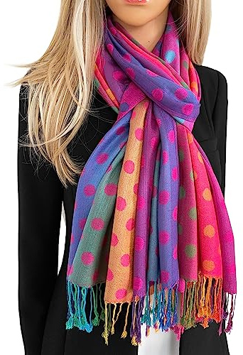 The Accessory Co. Rainbow Multicolour Scarf for Women, Polka Dot Long Pashmina Shawl Wrap Colourful Paisley Peacock Feather Soft Cotton Scarf, Pashmina Womens NHS Gift