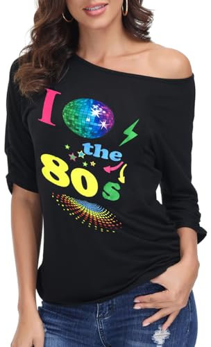 ELFIN Damen T-Shirt 80er Jahre Party-Shirts Sexy Lippen Drucken One-Shoulder-Shirt Kurzarm Sommer Oberteil Casual Bluse Tops, 80er Jahre, XXL