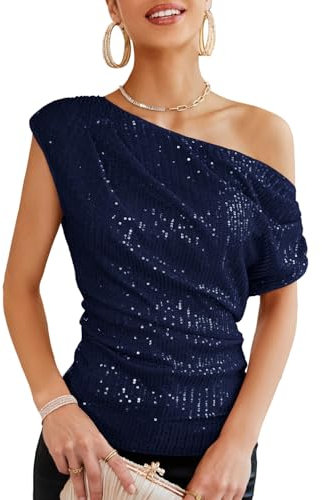 GRACE KARIN Damen Glitzer Pailletten Oberteil Festliche Schrägkragen Tops Party Shirt, Farbe: Dunkelblau, Größe: S