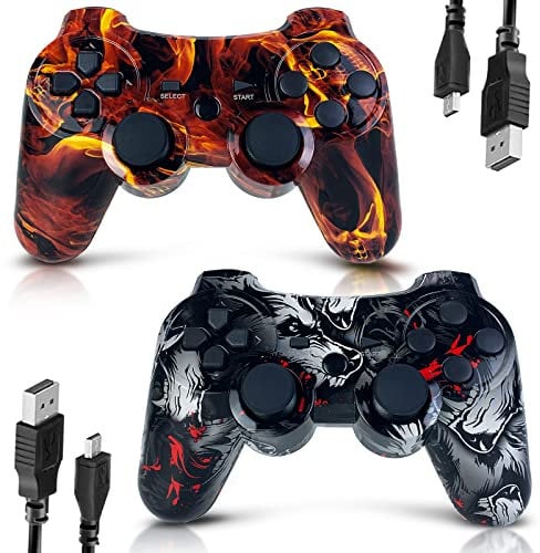 MUZELI Controller für PS3, 2 Pack Kabelloser Controller für Playstation 3 mit Double Shock Ergonomie, wiederaufladbarer Gamepad-Joystick mit Ladekabel(Skull& Blau Design)