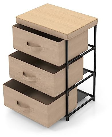Multigot Chest of Drawers, Fabric Storage Drawer Cabinet with 2/3 Drawers & Wooden Top, Metal Frame Display Sideboard for Bedroom Living Room (Light Coffee, 3-Drawer)