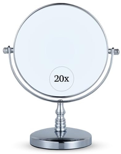 Mirrorvana 20X Vergrößerung Kosmetikspiegel mit Ständer - Doppelseitiger Schminkspiegel, 20-Fach und 1-Fach Vergrößerungsspiegel fürs Bad, 23cm x 15cm (Chrom)