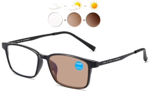 KOOSUFA Photochromic Reading Glasses Blue Light Blocking Sun Readers for Men UV Protection TR90 Super Lightweight Sunglasses 3 in 1 Lenses Darken In Sunlight Brown Lens/bright black 2.5