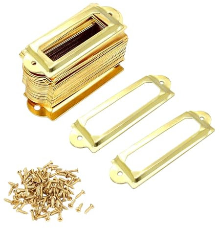 30 Stück Metall Etikettenhalter, Etikettenrahmen Mit Schrauben,Etikettenhalter Metall Mit Griff,Etikettenhalter aus goldfarbenem Metall, für Apothekerschrank, Schubladenschrank, Aktenschrank