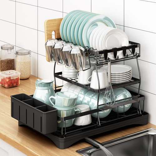 HZE Escurreplatos, 3 Niveles, Color Negro escurridor de Platos, escurreplatos sobre Fregadero extraíble de Metal de Gran Capacidad, escurreplatos Acero Inoxidable pequeño para encimera de Cocina