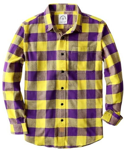 Dubinik® Camicia di flanella da uomo, 100% cotone, manica lunga, tessuto a quadri morbido e casual, button down, giallo e viola., S