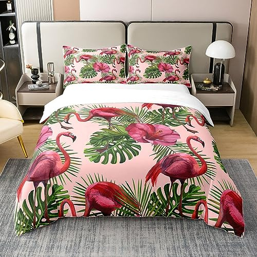 Loussiesd Flamingo Bettbezug Set 135x200cm Kinder Tropisch Flamingo Flroal Betten Set für Jungen Jugendliche Tropisch Leaves Blume Bettwäsche Set 100% Baumwolle Blatt Muster Rot Bettwäsche-Set