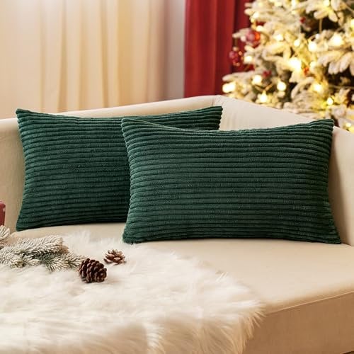 EMEMA Kissenbezug 40x60 cm Weihnachten Kordsamt Kissenbezüge Dekokissen Sofakissen Cord Kissenhülle Zierkissenbezug Kord Dekorative Weiche für Sofa Wohnzimmer Schlafzimmer 2er Set Dunkelgrün