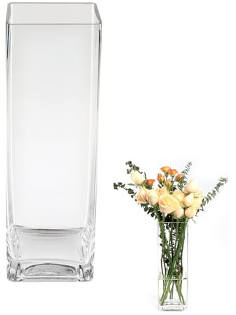 ASSRECT Jarrones de Cristal 30cm, Jarrón Cristal Transparente para Flores, Jarron Cristal Decoracion Cuadrado Alto, Jarrón Grande Moderno para Fiestas Patio Oficina Hogar Cocina, 30 x 10cm