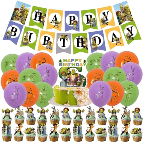 45 PCS Shreek Themed Geburtstag Dekorationen, DKLQXCE Shreek Party Supplies, Shreek Geburtstagsparty Dekorationen Balloons Banner Cupcake Toppers Luftballon für Kinder Geburtstagsdeko