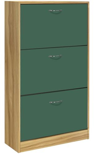 BAKAJI Scarpiera Slim Portascarpe in Legno Melaminico con 3 Ante a Ribalta e Doppia Profondità Dimensioni 60 x 24 x 120 cm (Verde e Quercia)