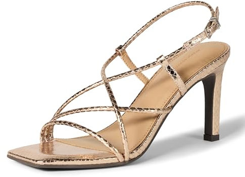 Amazon Essentials Sandalias de tacón de aguja con tiras para mujer, piel de serpiente sintética color dorado pálido, talla 7.5