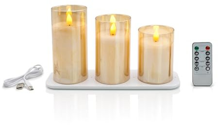 Auraglow Rechargeable Flameless LED Glass Candles with Remote Control, Charging Station and Timer, Real Wax, Flickering Flame Warm White Light (3 Pack)