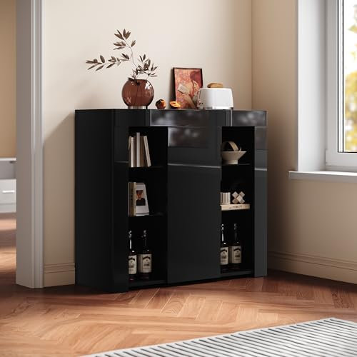 SIRHONA Buffet Cuisine Meuble de Rangement, Buffet Noir Salon Meuble avec lumière, 4 Verres Trempés, 1 Porte Latérale, 90x35x83cm
