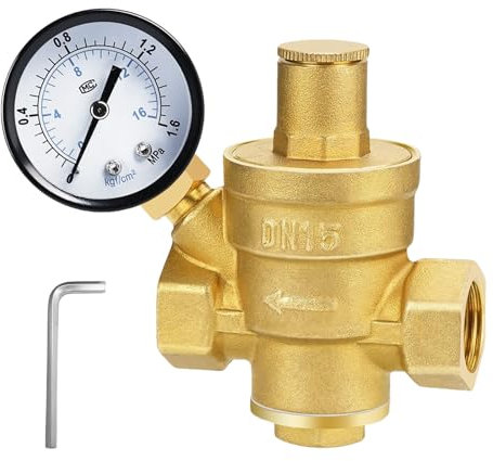 BORDEAG Riduttore Di Pressione Acqua 1/2 Pollice DN15 con Manometro, Regolatore Di Pressione Acqua, Ottone Ad Alta Durezza, Riduttore Pressione Acqua per Negozi, Famiglia, Aree Esterne, Fabbriche