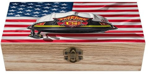 QWNMD Aufbewahrungsbox aus Holz mit Frontverschluss, Vintage-Aufbewahrungsbox aus Holz, rot gestreift, Feuerwehrmann, USA-Flagge, bedruckte Holzkisten für Handwerk, Hobbys, Schmuck, Zuhause