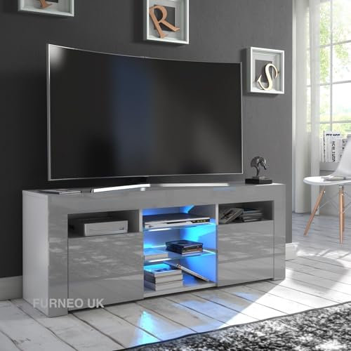 Furneo Grey TV Stand – 120 cm Cabinet Unit in Matt and High Gloss Finish with Blue LED Lighting