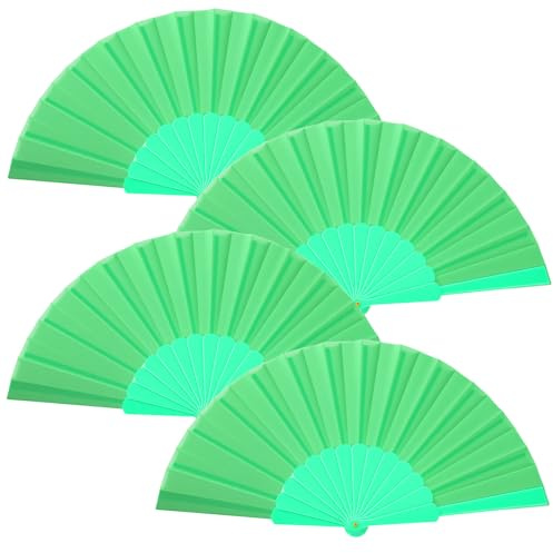 Blulu 4 Pieces Handheld Folding Fan Small Chinese Hand Fans in Oriental Cloth Fabric for Dancing, Party, Wedding Gifts, Craft DIY, Home Decorations(Grass Green)