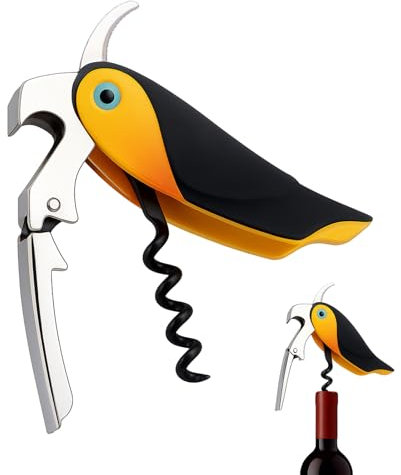 Cavatappi Professionale per Vino e Birra, Apribottiglie in Acciaio Inossidabile a Forma di Pappagallo con Manico Ergonomico, Facilità d’Uso e Divertente con Coltello Per Foil(Nero)