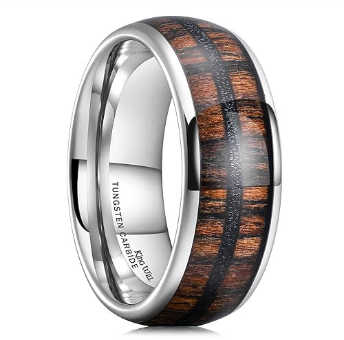King Will Wolfram-Ehering als Versprechensring für Herren – 8mm silberner, gewölbter Hochglanzring mit Zebraholzeinlage und schwarzem Stahldraht, Größe 54.3 (17.3)