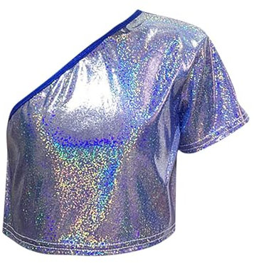 Keepink Kids Girls Off-Shoulder Glitter Tops 3-16Y Asymmetric Neck Summer Tees Teen Girls Shiny Sequins Crop Top Stretch Short Sleeve One Shoulder T-Shirt Jazz Hip Hop Dance Costume