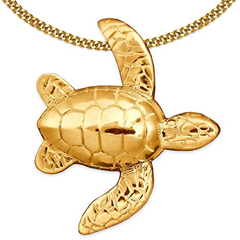 CLEVER SCHMUCK Schildkröte Kette Gold 25 mm 3D Form mit beweglichen Flossen + Panzerkette 45 cm 925 STERLING im Etui creme