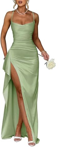 Infuness Damen Satin Spaghettiträger Brautjungfernkleider Lang Falte Abendkleider Formeller Abschlussball Partykleid mit Schlitz