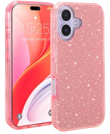 MATEPROX Compatible with iPhone 17 Case, Glitter Bling 3-Layer Shockproof Anti-Scratch Cover for Girl Women, Trendy Protective Case for iPhone 17 6.3'' 2025-Pink