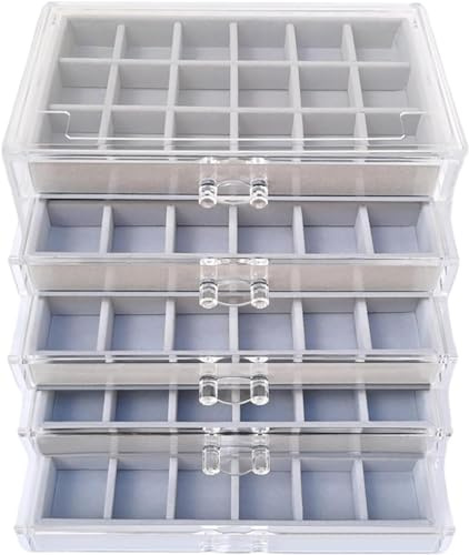HIKENRI 5 Schubladen Ohrring Aufbewahrungs Schmuckkästchen,Acryl+Samt Schmuckaufbewahrung Schublade,Aufnehmbare Tabletts Jewelry Organizer für Schmuck Aufbewahrung,Halsketten,Ringe,Ohrringe(Grau)