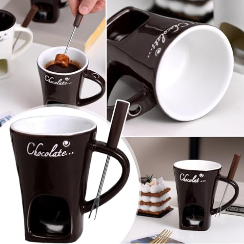 HBSFBH Schokoladen Fondue Becher Set, 200 ml Keramik Schokoladenfondue Tasse, Schokofondue Tasse mit Gabel und Teelicht, Mehrzweck Chocolate Fondue Set für Käse Schokolade Butter Karamell (C)
