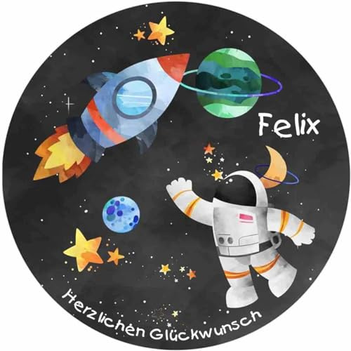 Tortenaufleger ASTRONAUT mit Wunschtext – essbar & personalisierbar | Weltraum-Party & Kuchen-Deko | Tortenbild Oblate