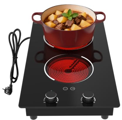 Nafewin 30cm Electric Hob, 3000W Ceramic Hob with Knob Touch Control | 2 Zone Hot Plate with Child Lock, 9 Power Levels, 99min Timer, Built‑in or Countertop for Kitchen and Campervans