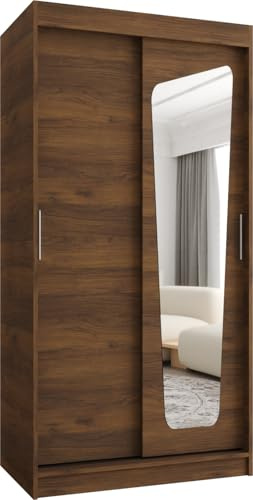 Kryspol - Kleiderschrank mit Spiegel - Schwebetürenschrank - Kleiderschrank 100 cm Breit x 200cm(H) x 62cm(T), 2 Türen, Laminierte Möbelplatte, Moka 100, Nussbaum Warmia, Griff: Silber