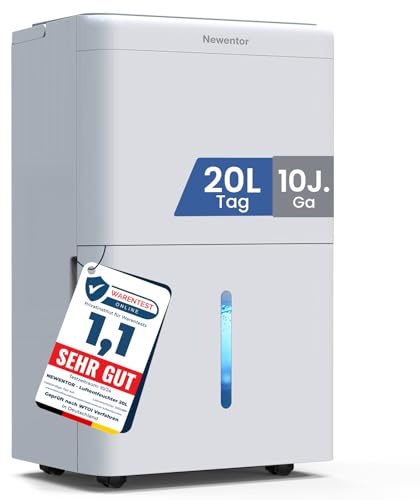 Newentor Luftentfeuchter elektrisch 20L, Entfeuchter elektrisch keller, Raumentfeuchter elektrisch, Dehumidifiers for home für 150m³/50m², mit Timer, Filter und 1M Ablaufschlauch, 10 J. Gar.