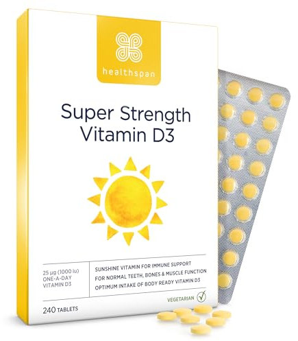 Healthspan Super Strength Vitamin D3 | Immune Health | Bone, Teeth & Muscle Health | Contains 1,000iu of Natural Source Vitamin D3 in Each Tablet | Vegetarian (240 Tablets)