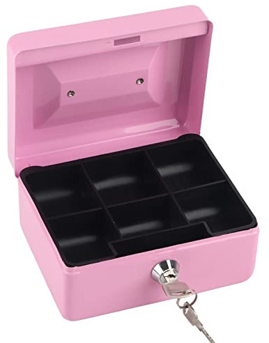 Kleine Geldkassette mit Schlüsselschloss, tragbar, doppellagiger Stahl, abschließbar, Geldaufbewahrung, Sicherheitsbox (Pink)