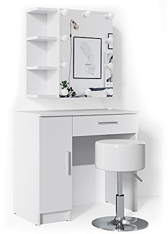Vicco Schminktisch Fynnia, Weiß, 80.2 cm mit LED Beleuchtung und Hocker