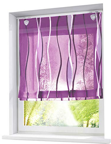 Raffrollo mit farbigen Wellen Druck Rollos Schlaufen Voile Vorhang (BxH 120x140cm, Violett mit U-Haken)