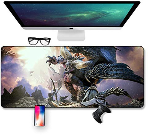 Mauspad Monster Hunter World 700X300mm Mauspad, Speed Gaming Mousepad, Erweitertes XXL großes Mousemat mit 2mm starker Basis, für Notebooks, PC, E