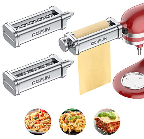 Cofun - Accesorio de pasta para batidora Kitchenaid, máquina para hacer pasta de 3 piezas con rodillo de pasta y cortador para hoja de masa, espaguetis y accesorios de cocina Fettuccine para mezclador