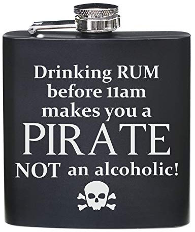 Engraved Drinking Rum Before 11am Makes You A Pirate 6oz or 8oz Matte Black Hip Flask Gifts (6oz Flask)
