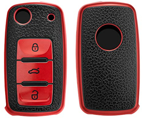 kwmobile Autoschlüssel Hülle kompatibel mit VW Skoda Seat 3-Tasten Autoschlüssel - Schlüsselhülle Cover Rot Schwarz