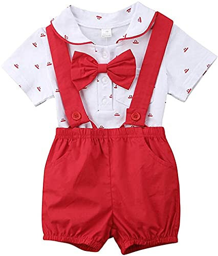 Geagodelia 2 Pezzi Completo Neonato Estivo Gentiluomo Polo Tutina Manica Corta+Pantaloncini con Bretelle Abiti da Battesimo in Cotone Tuta Bambino Elegante (rosso, 0-6 mesi)